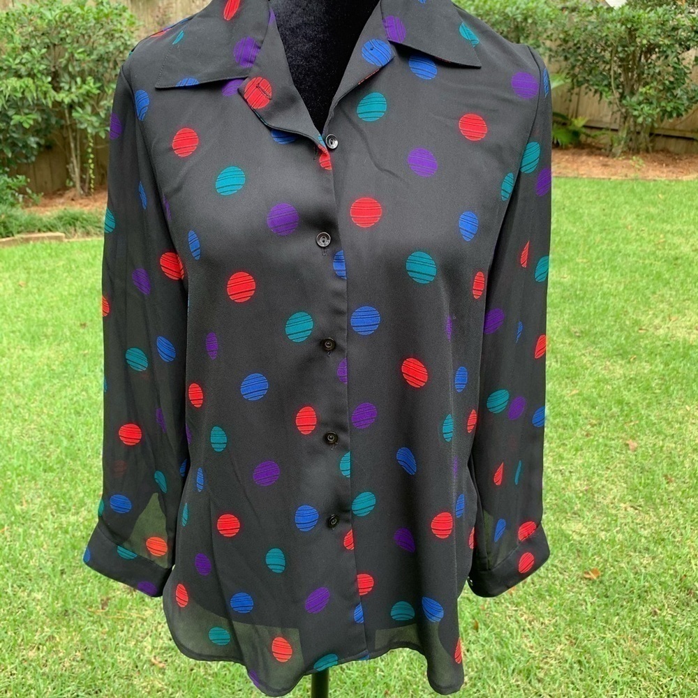 Peter Nygard black sheer print polka dot long sleeved top designer - Picture 1 of 7